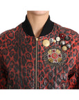 Dolce & Gabbana Red Leopard Bomber Leather Jacket with Crystal Buttons