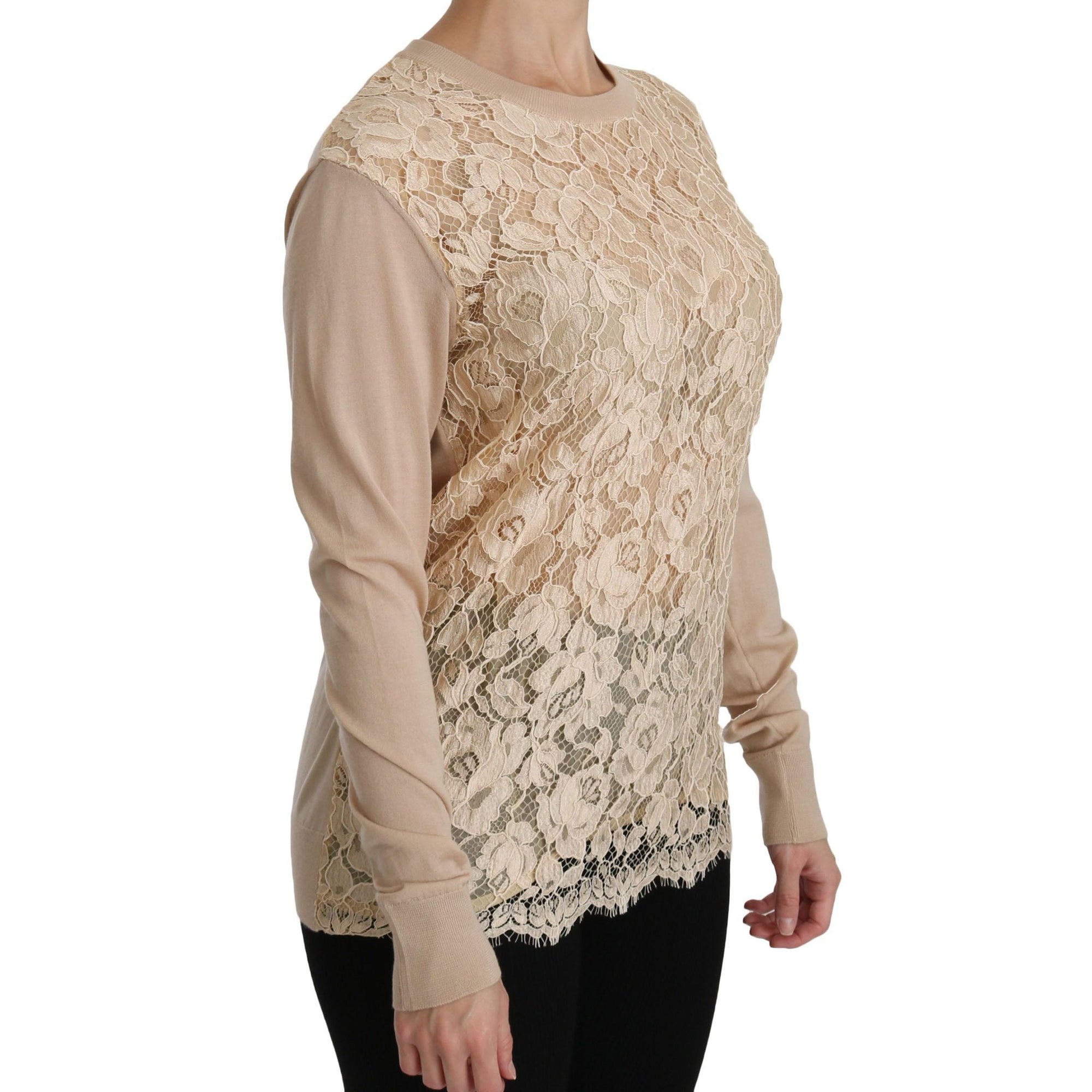 Dolce & Gabbana Elegant Beige Lace Crew Neck Cashmere Blouse