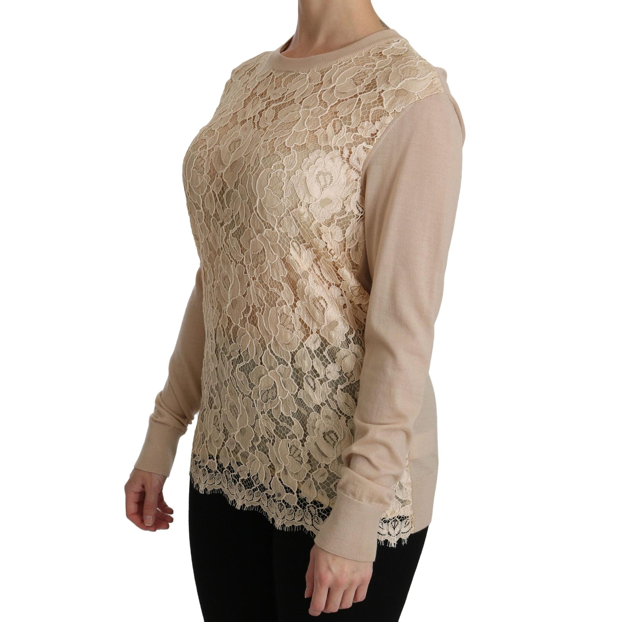 Dolce & Gabbana Elegant Beige Lace Crew Neck Cashmere Blouse