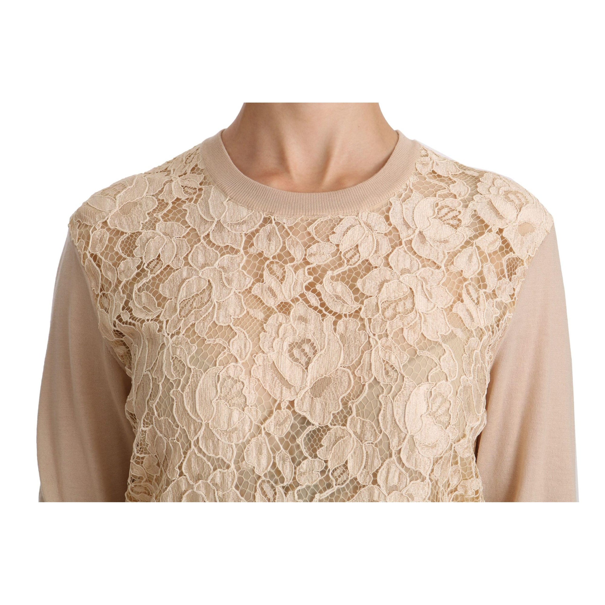 Dolce & Gabbana Elegant Beige Lace Crew Neck Cashmere Blouse