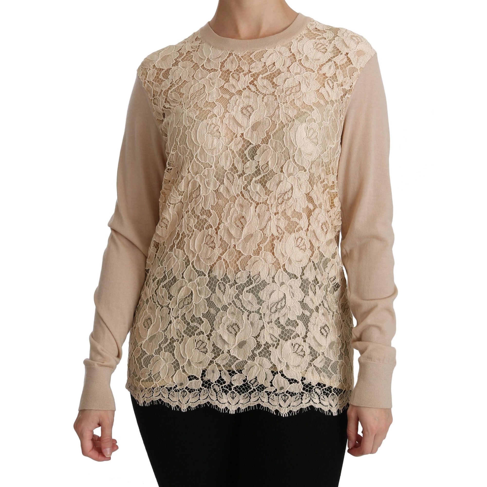 Dolce & Gabbana Elegant Beige Lace Crew Neck Cashmere Blouse