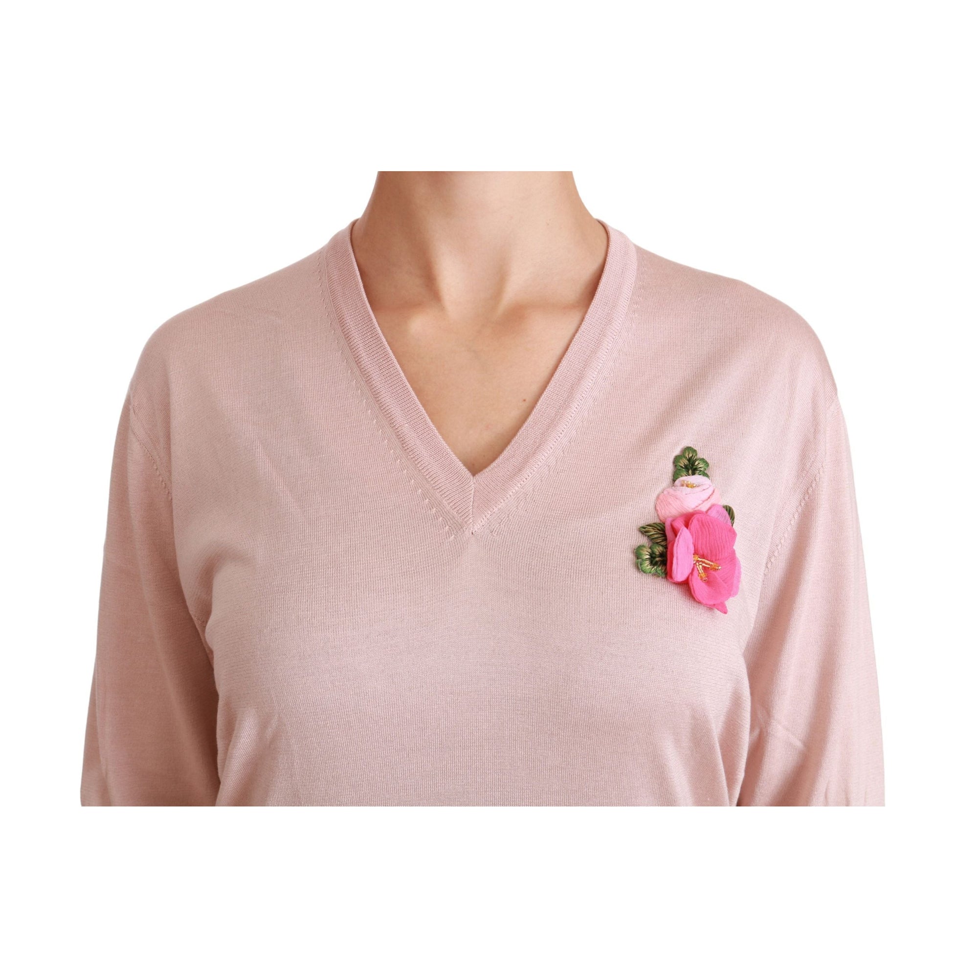 Dolce & Gabbana Pink Floral Silk V-Neck Sweater