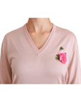 Dolce & Gabbana Pink Floral Silk V-Neck Sweater