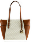 Michael Kors Charlotte Signature Leather Large Top Zip Tote Handbag Bag (Vanilla)