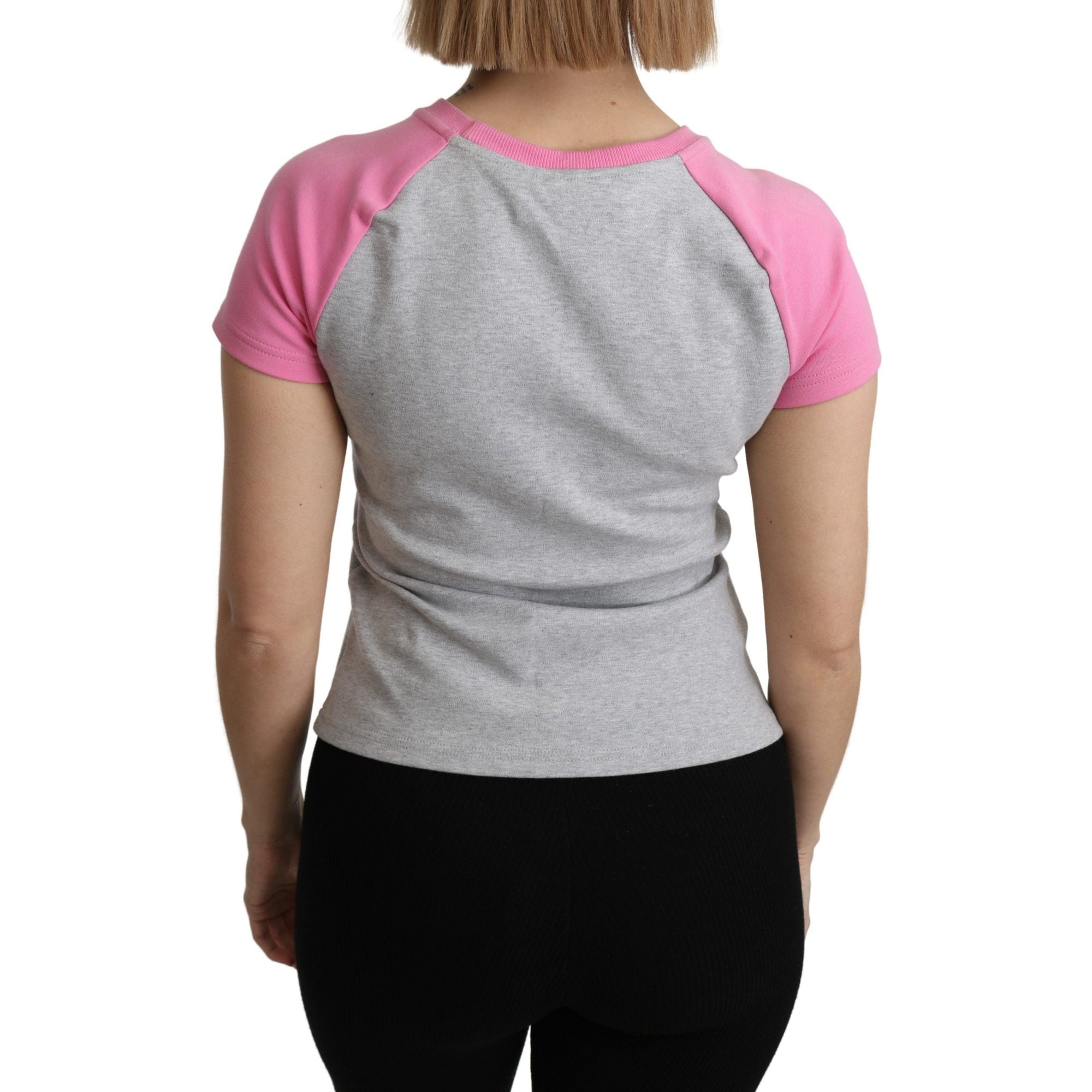 Moschino Chic Gray Crew Neck Cotton T-shirt with Pink Accents