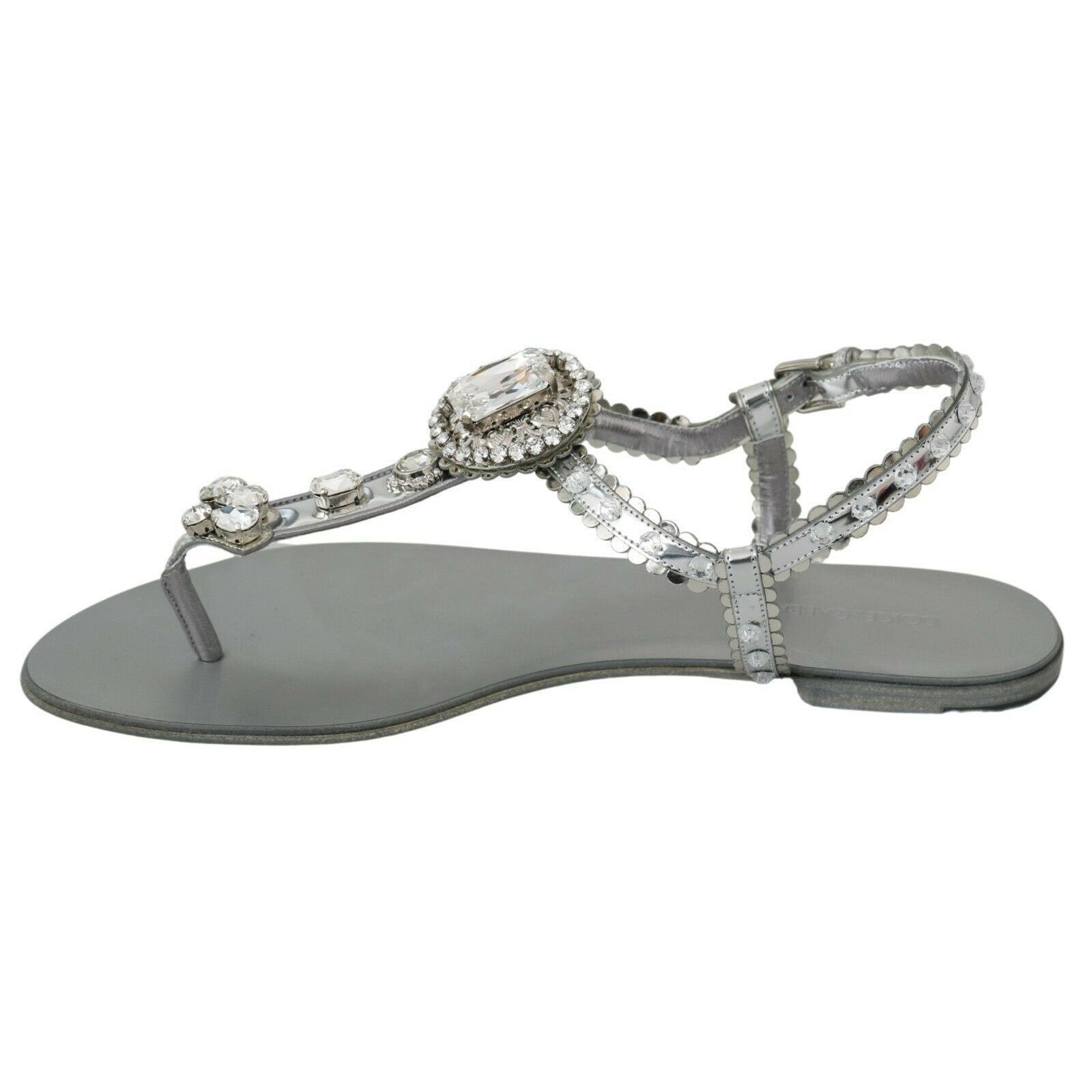 Dolce & Gabbana Elegant Silver Flats with Crystal Embellishments