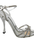 Dolce & Gabbana Silver Leather Ankle Strap Sandals with Crystals