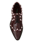 Dolce & Gabbana Elegant Bordeaux Lace-Up Flats with Pearls and Crystals