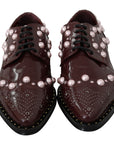 Dolce & Gabbana Elegant Bordeaux Lace-Up Flats with Pearls and Crystals