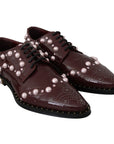 Dolce & Gabbana Elegant Bordeaux Lace-Up Flats with Pearls and Crystals