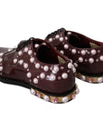 Dolce & Gabbana Elegant Bordeaux Lace-Up Flats with Pearls and Crystals