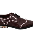 Dolce & Gabbana Elegant Bordeaux Lace-Up Flats with Pearls and Crystals