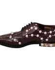 Dolce & Gabbana Elegant Bordeaux Lace-Up Flats with Pearls and Crystals