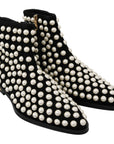 Dolce & Gabbana Chic Black Suede Ankle Boots with Pearls