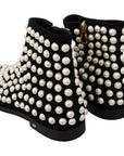 Dolce & Gabbana Chic Black Suede Ankle Boots with Pearls