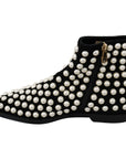 Dolce & Gabbana Chic Black Suede Ankle Boots with Pearls