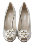 Dolce & Gabbana White Crystal Peep Toe Silk Blend Heels