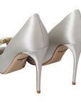 Dolce & Gabbana White Crystal Peep Toe Silk Blend Heels