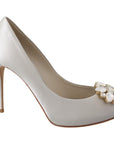 Dolce & Gabbana White Crystal Peep Toe Silk Blend Heels