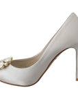 Dolce & Gabbana White Crystal Peep Toe Silk Blend Heels