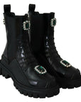 Dolce & Gabbana Elegant Black Leather Combat Boots with Crystal Detail