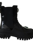 Dolce & Gabbana Elegant Black Leather Combat Boots with Crystal Detail