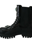 Dolce & Gabbana Elegant Black Leather Combat Boots with Crystal Detail