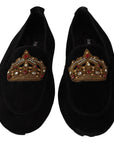 Dolce & Gabbana Elegant Black Leather Loafer Slides with Gold Embroidery