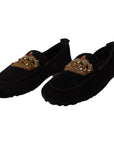 Dolce & Gabbana Elegant Black Leather Loafer Slides with Gold Embroidery