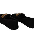 Dolce & Gabbana Elegant Black Leather Loafer Slides with Gold Embroidery