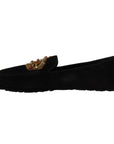 Dolce & Gabbana Elegant Black Leather Loafer Slides with Gold Embroidery