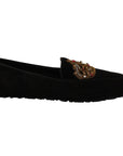 Dolce & Gabbana Elegant Black Leather Loafer Slides with Gold Embroidery