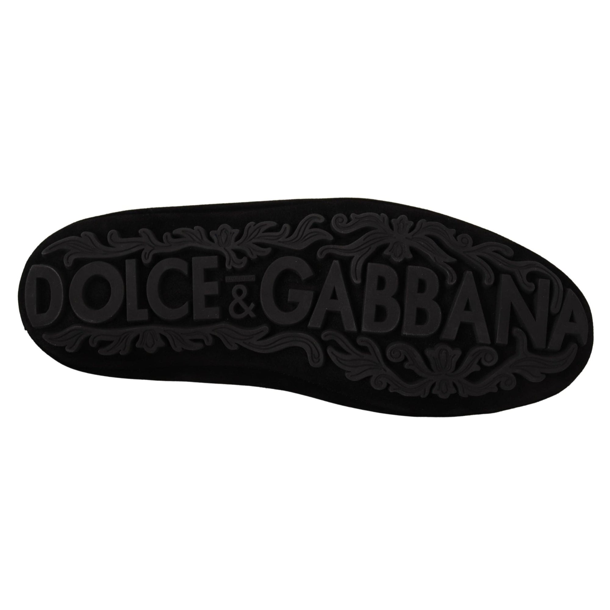 Dolce & Gabbana Elegant Black Leather Loafer Slides with Gold Embroidery