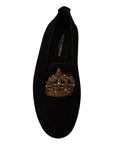 Dolce & Gabbana Elegant Black Leather Loafer Slides with Gold Embroidery