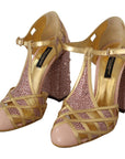 Dolce & Gabbana Silk-Infused Leather Crystal Pumps in Pink Gold