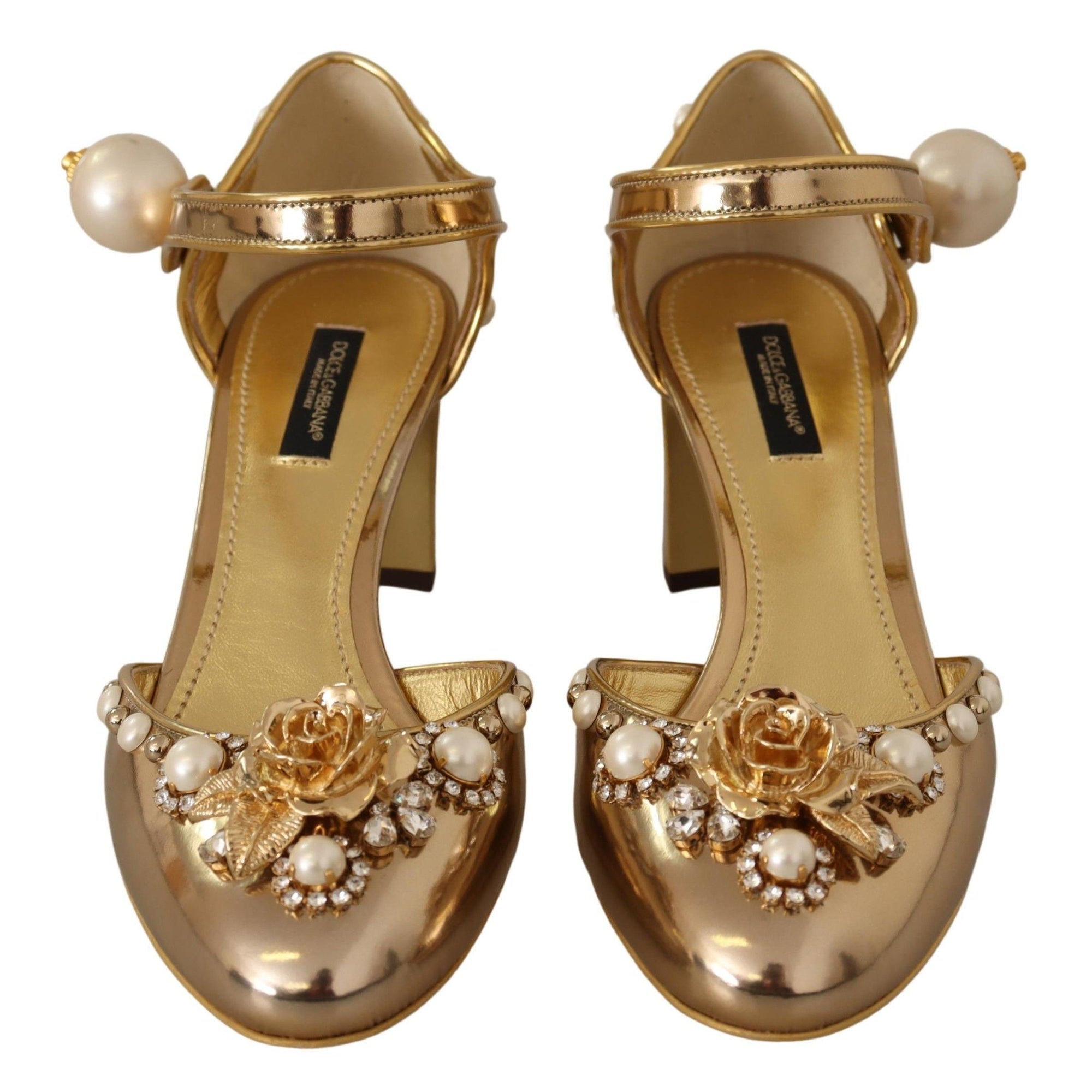Dolce & Gabbana Elegant Gold Leather Block Heels with Crystals