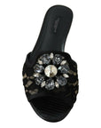 Dolce & Gabbana Elegant Black Lace Mules with Jewel Flower Detail