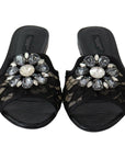 Dolce & Gabbana Elegant Black Lace Mules with Jewel Flower Detail