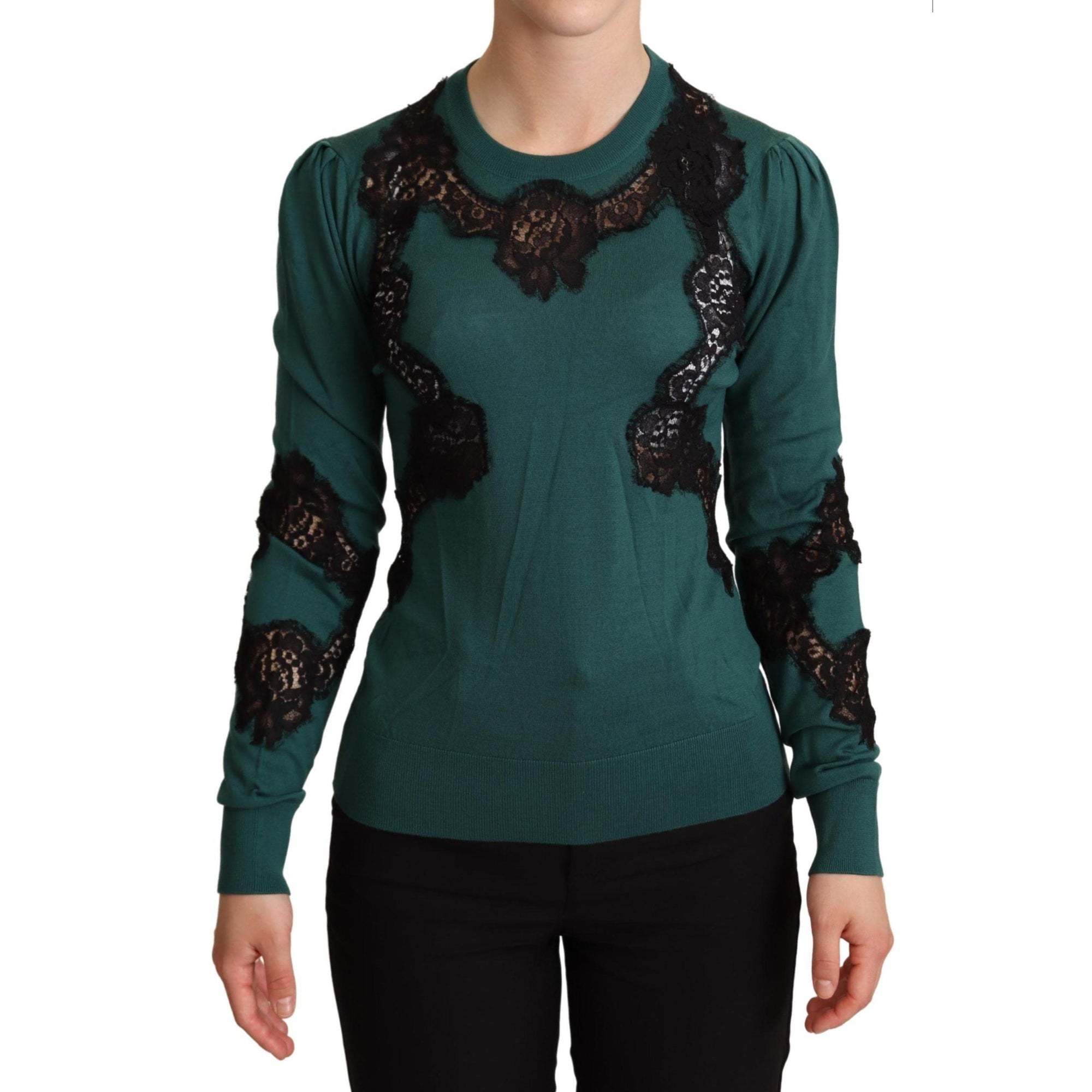 Dolce & Gabbana Elegant Green Pullover with Black Lace Detail