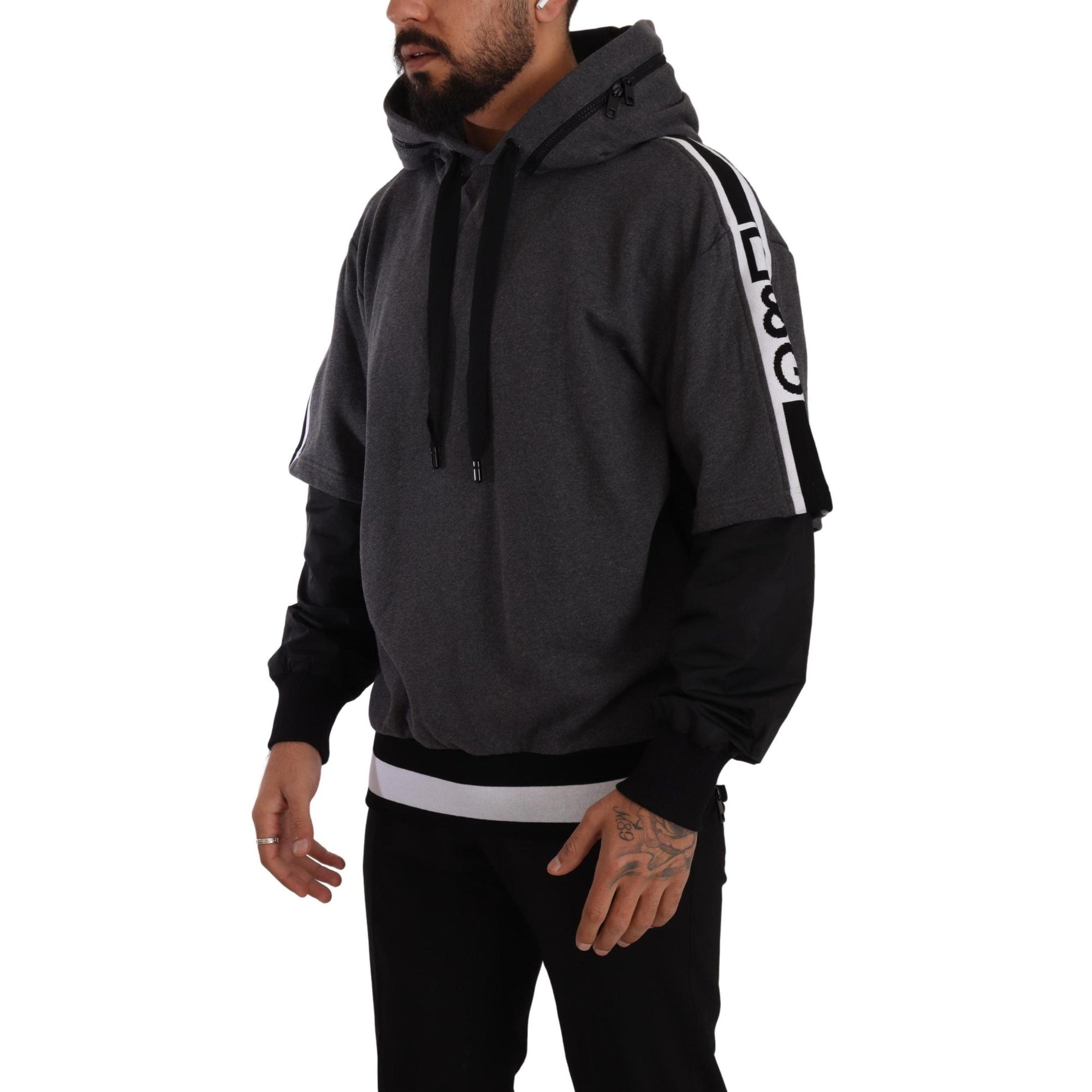 Dolce & Gabbana Elegant Hooded Black & Gray Pullover Sweatshirt