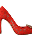 Dolce & Gabbana Red Crystal Taormina Lace Heels Pumps