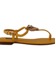 Dolce & Gabbana Mustard T-Strap Flat Sandals with Heart Embellishment