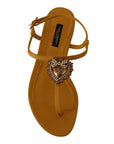 Dolce & Gabbana Mustard T-Strap Flat Sandals with Heart Embellishment