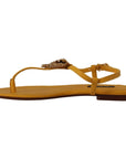 Dolce & Gabbana Mustard T-Strap Flat Sandals with Heart Embellishment