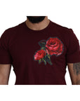 Dolce & Gabbana Elegant Bordeaux Roses Motif Crewneck Tee