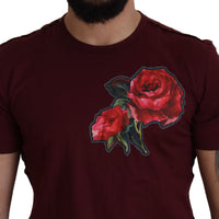 Dolce & Gabbana Elegant Bordeaux Roses Motif Crewneck Tee