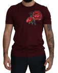 Dolce & Gabbana Elegant Bordeaux Roses Motif Crewneck Tee
