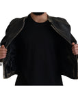 Dolce & Gabbana Elegant Black Leather Jacket with Silver Details