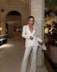 Designer Fashion Women's White Pantsuit - Hollow Rivet Eyelet Blazer and Flare Pants Set