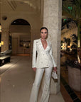 Designer Fashion Women's White Pantsuit - Hollow Rivet Eyelet Blazer and Flare Pants Set